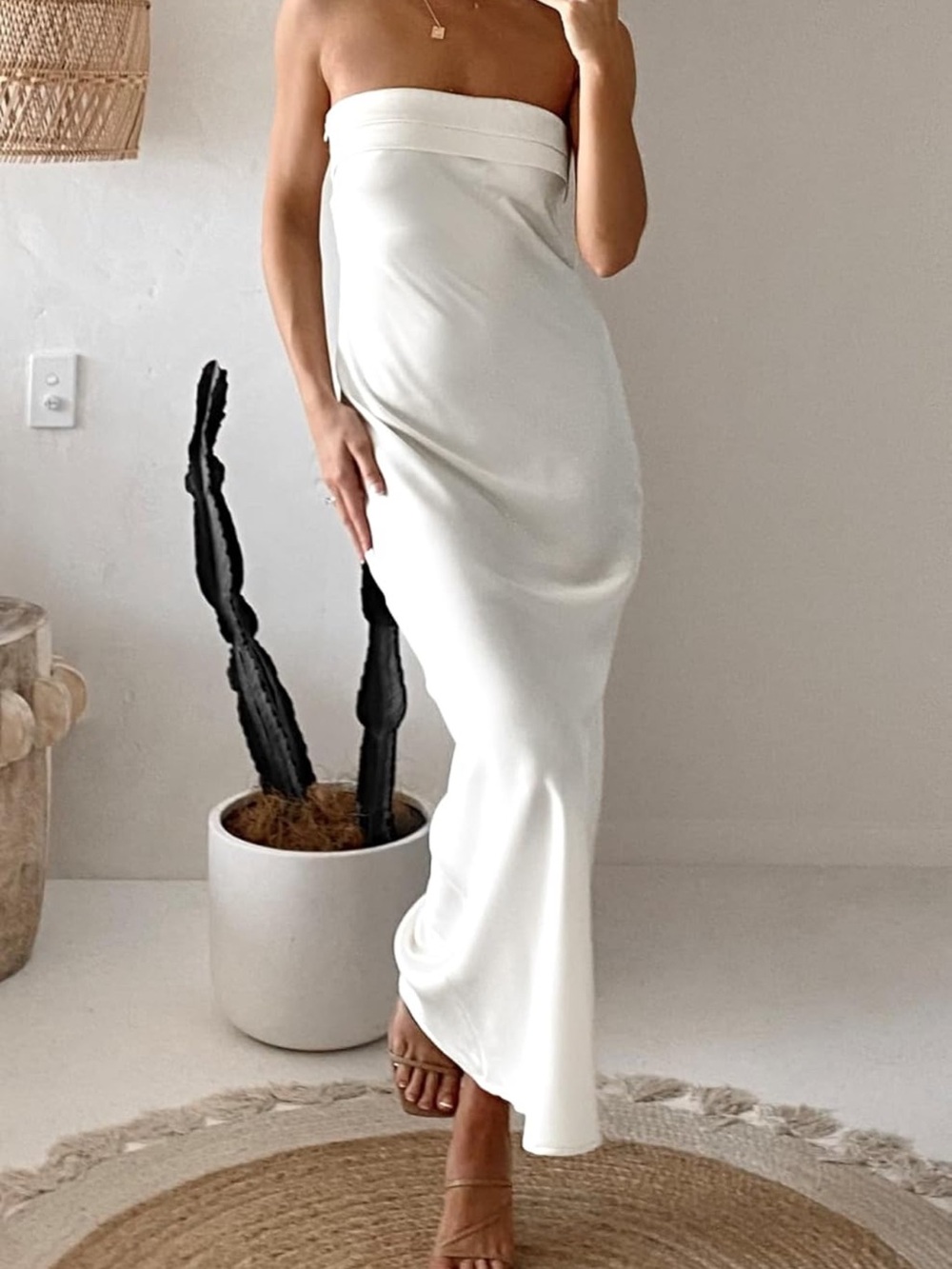 Strapless White Satin Slip Dress With Draped Back